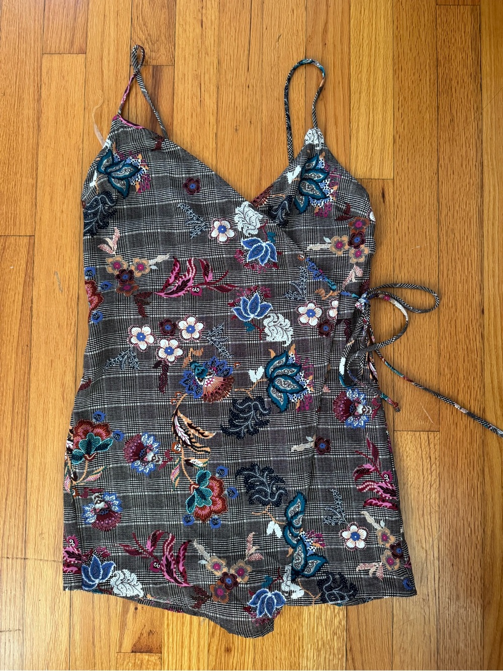 Blue Blush Plaid & Floral Embroidered Faux Wrap Romper Size S Cottagecore Boho